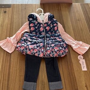 Little Lass Floral Puffer Vest with Pink Top and Jean Leggings - NWT Sz 3T